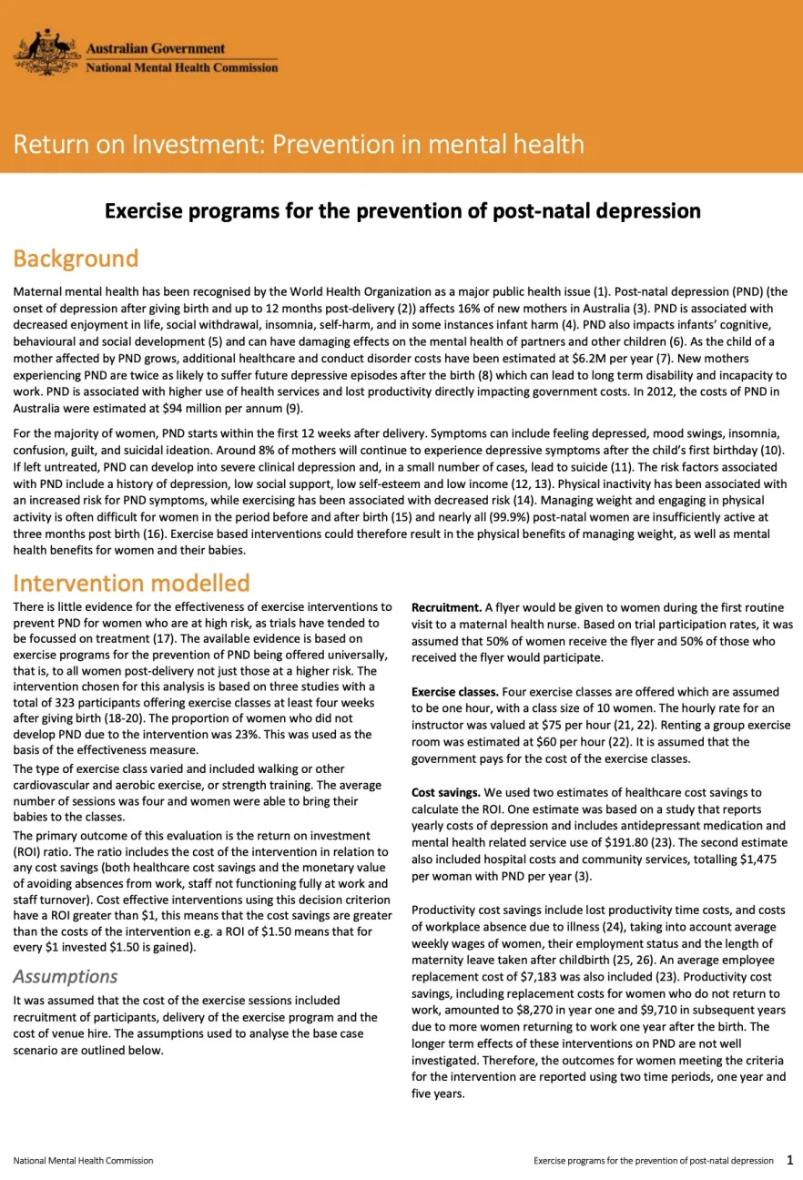 Return on Investment: Prevention in mental health, Exercise programs for the prevention of post-natal depression