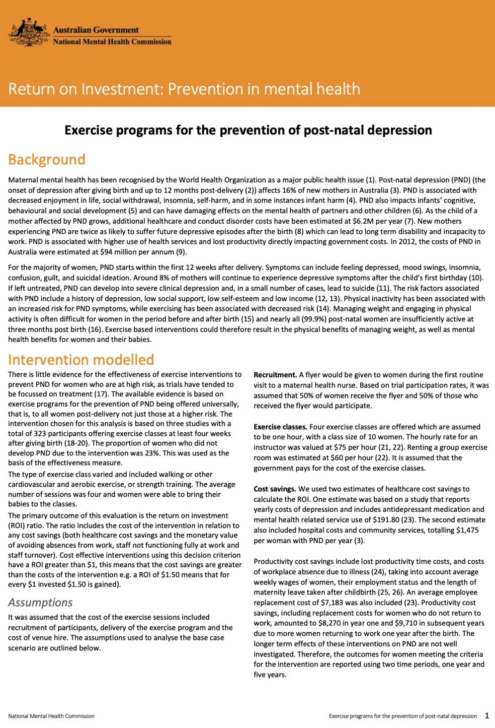 Return on Investment: Prevention in mental health, Exercise programs for the prevention of post-natal depression