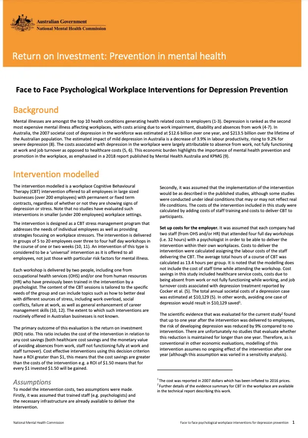 Face to Face Psychological Workplace Interventions for Depression Prevention