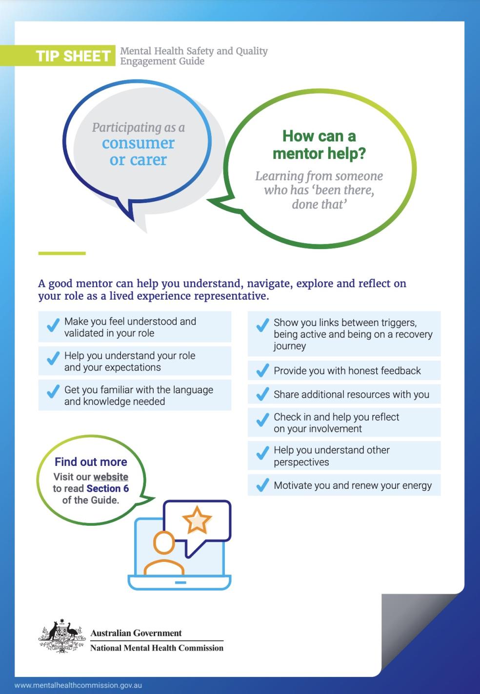 Tip Sheet, Mental Health Safety and Quality Engagement Guide, How can a mentor help