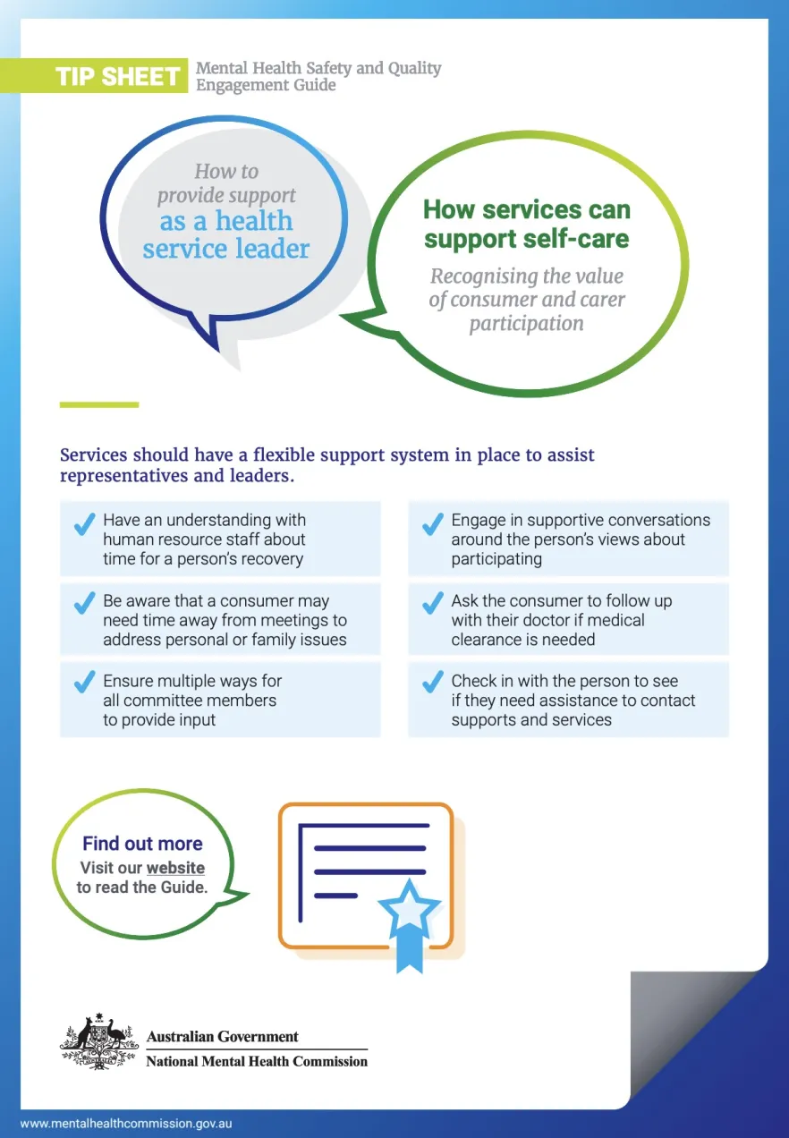 Tip Sheet, Mental Health Safety and Quality Engagement Guide, How services can support self-care