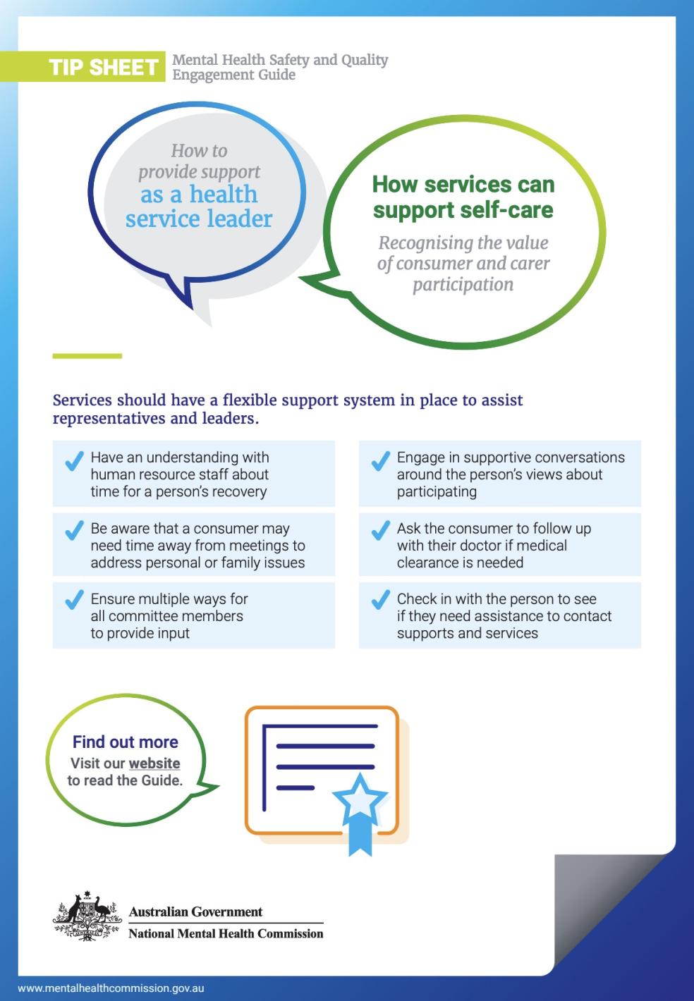Tip Sheet, Mental Health Safety and Quality Engagement Guide, How services can support self-care