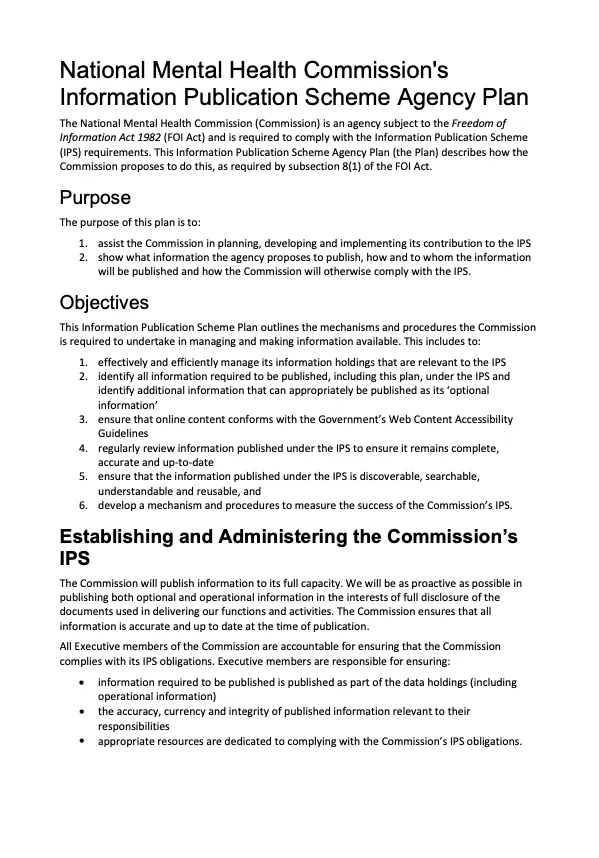 National Mental Health Commission's Information Publication Scheme Agency Plan