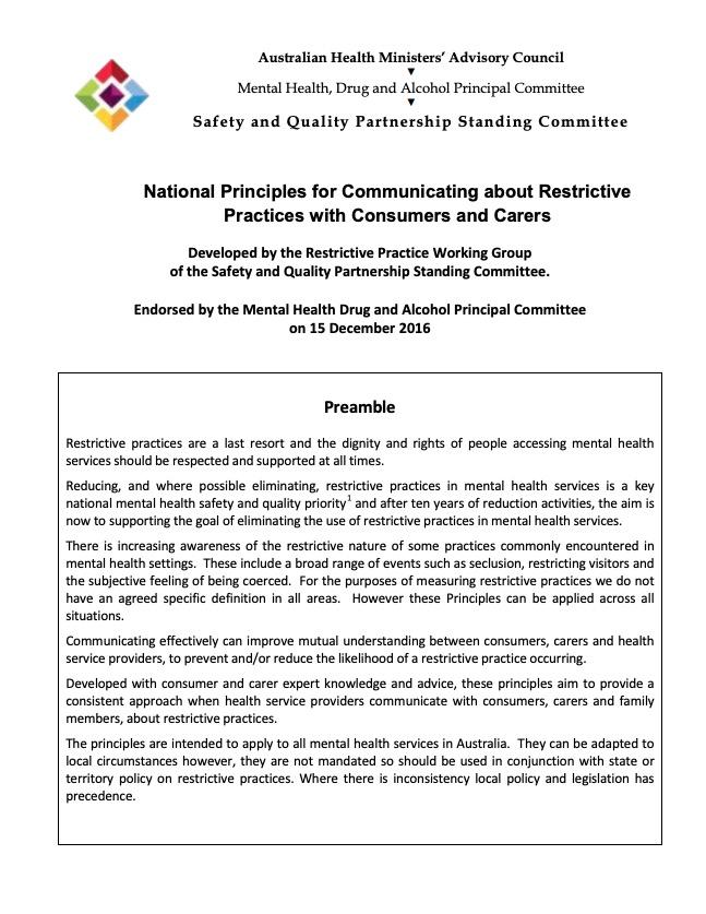 National Principles for Communicating about Restrictive, Practices with Consumers and Carers