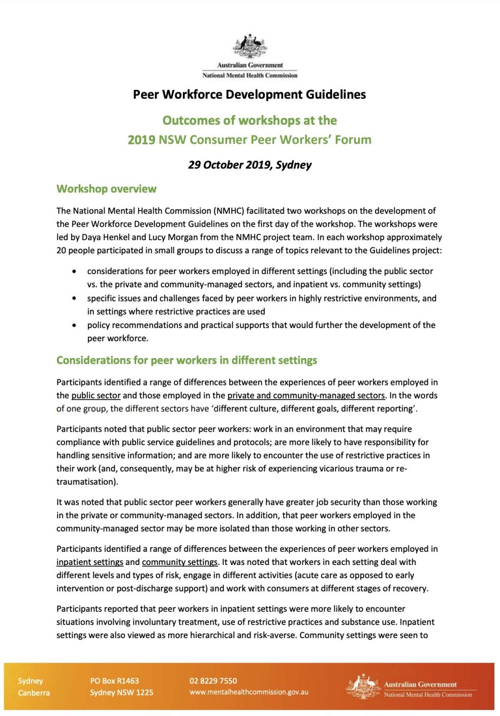 Peer Workforce Development Guidelines, Outcomes of workshops at the 2019 NSW Consumer Peer Workers' Forum
