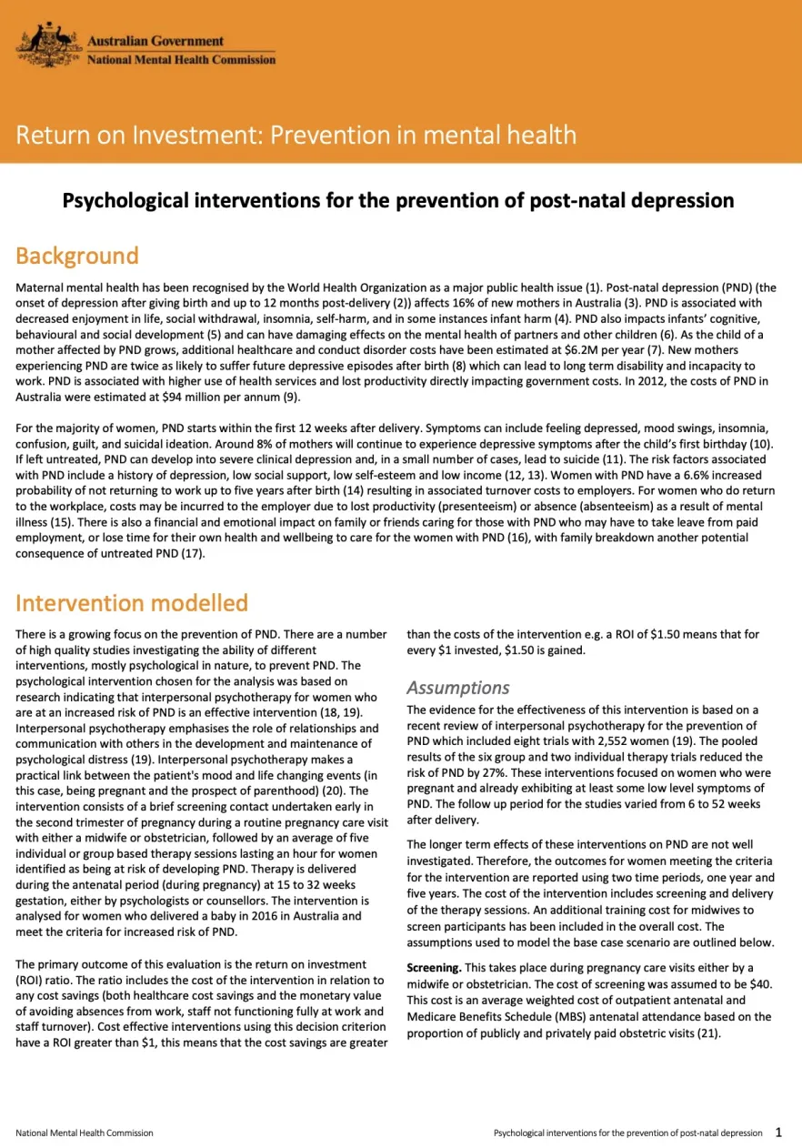 Return on Investment: Prevention in mental health, Psychological interventions for the prevention of post-natal depression