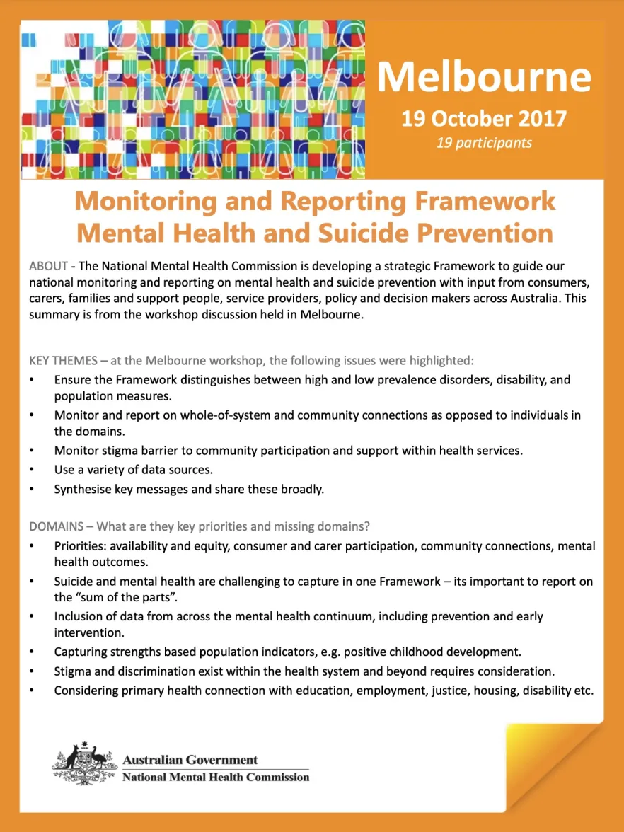 Monitoring and Reporting Framework, Mental Health and Suicide Prevention, Melbourne