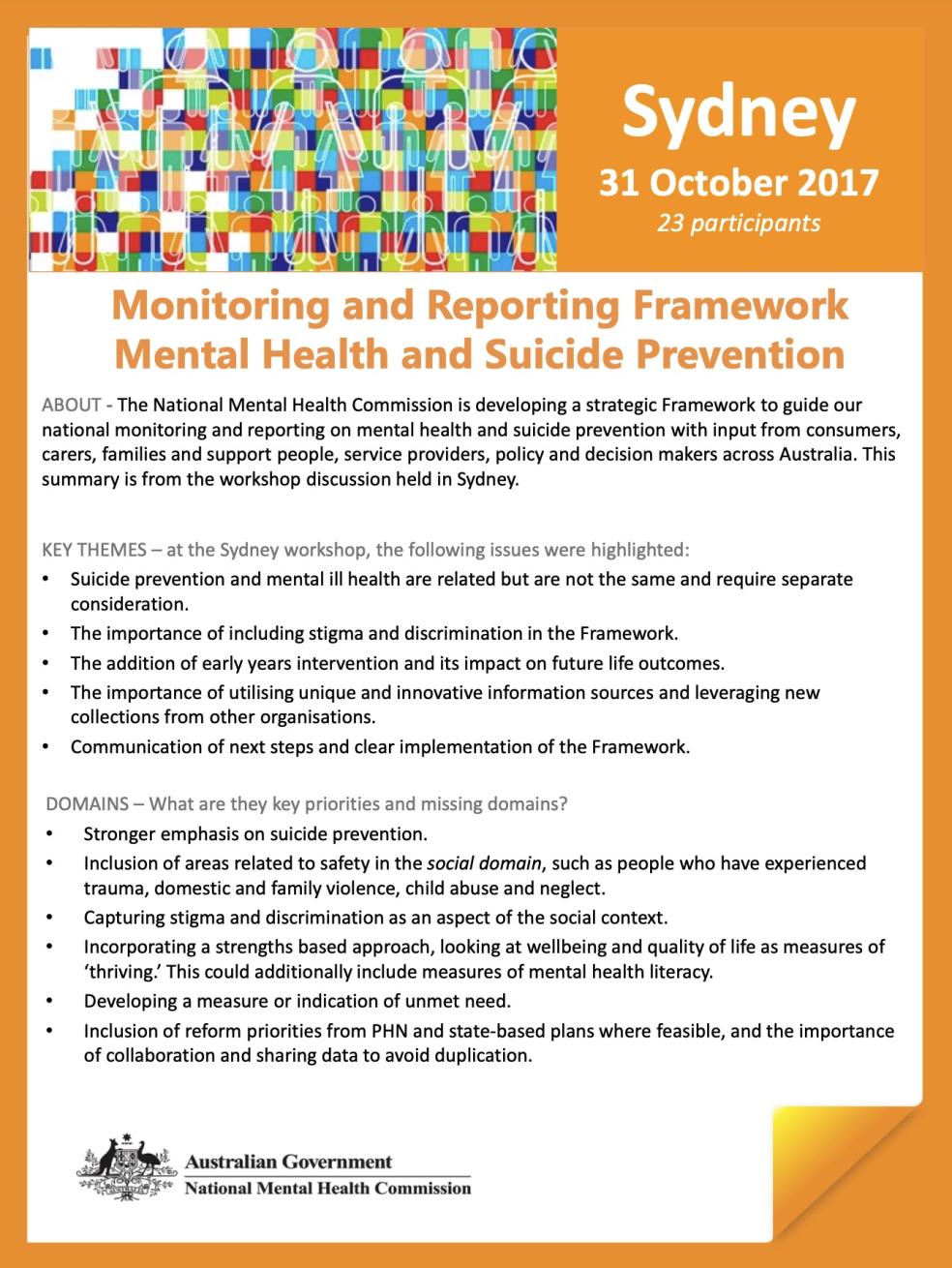 Monitoring and Reporting Framework, Mental Health and Suicide Prevention, Sydney