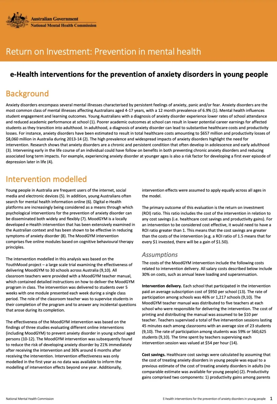 Return on Investment: Prevention in mental health, e-Health interventions for the prevention of anxiety disorders in young people