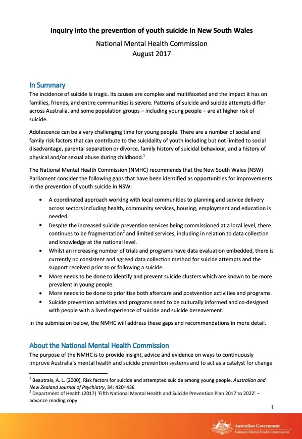 Inquiry into the prevention of youth suicide in New South Wales