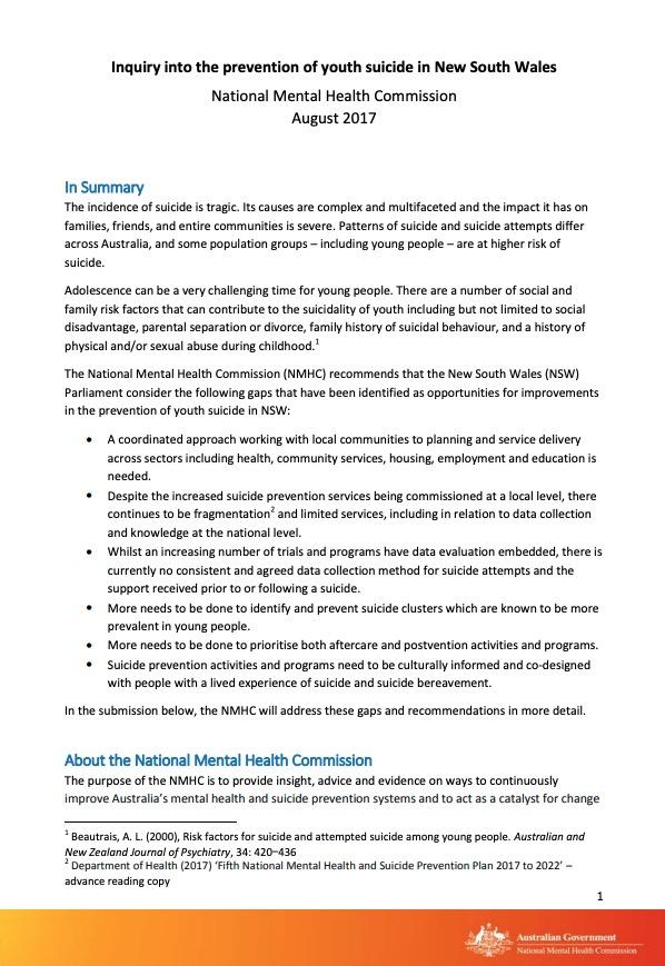 Inquiry into the prevention of youth suicide in New South Wales
