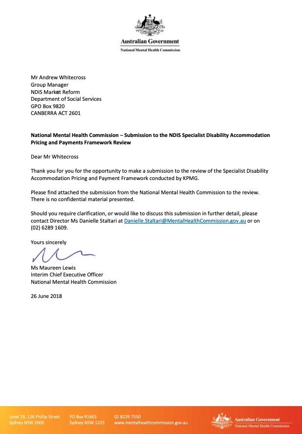 National Mental Health Commission - Submission to the NDIS Specialist Disability Accommodation Pricing and Payments Framework Review