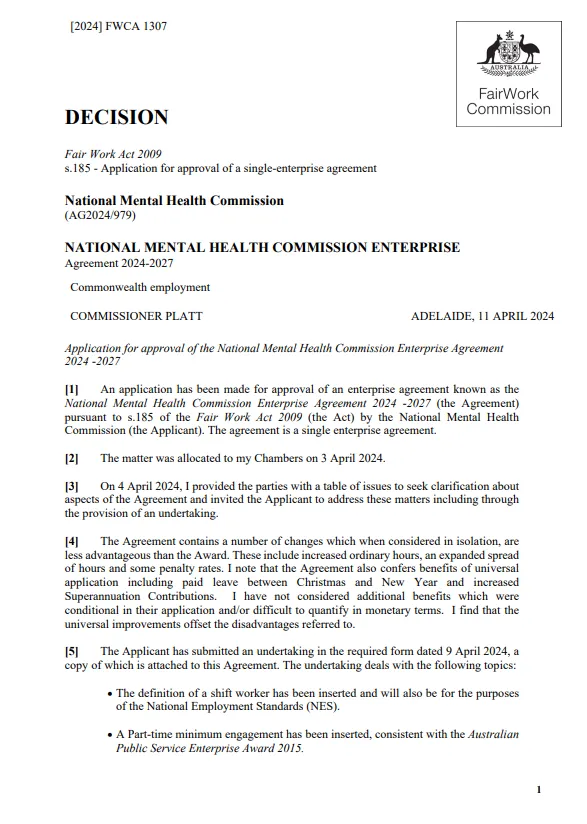 Copy of front cover of enterprise agreement