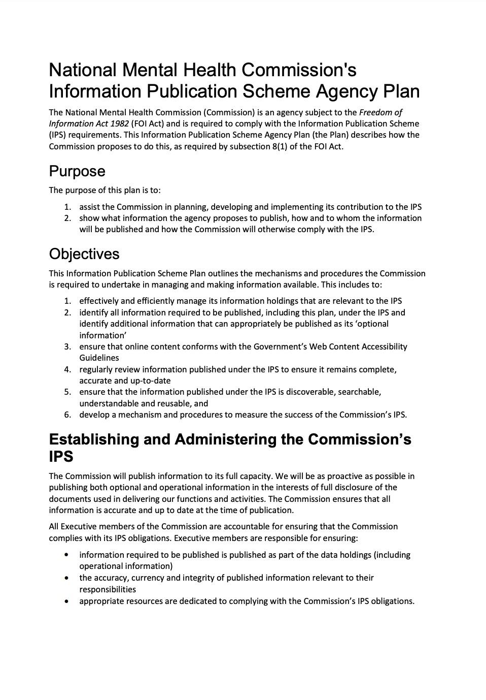 National Mental Health Commission's Information Publication Scheme Agency Plan