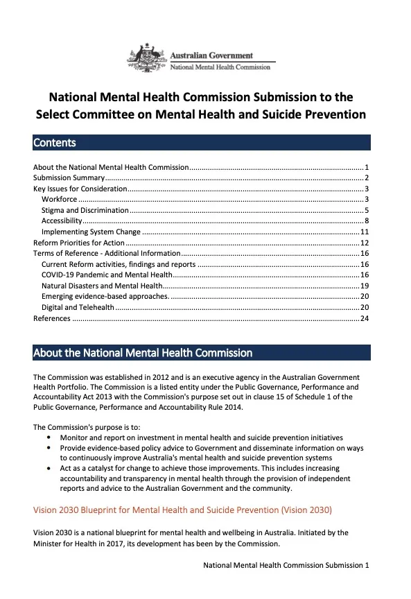 National Mental Health Commission Submission to the Select Committee on Mental Health and Suicide Prevention