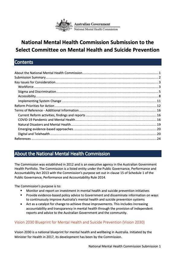 National Mental Health Commission Submission to the Select Committee on Mental Health and Suicide Prevention