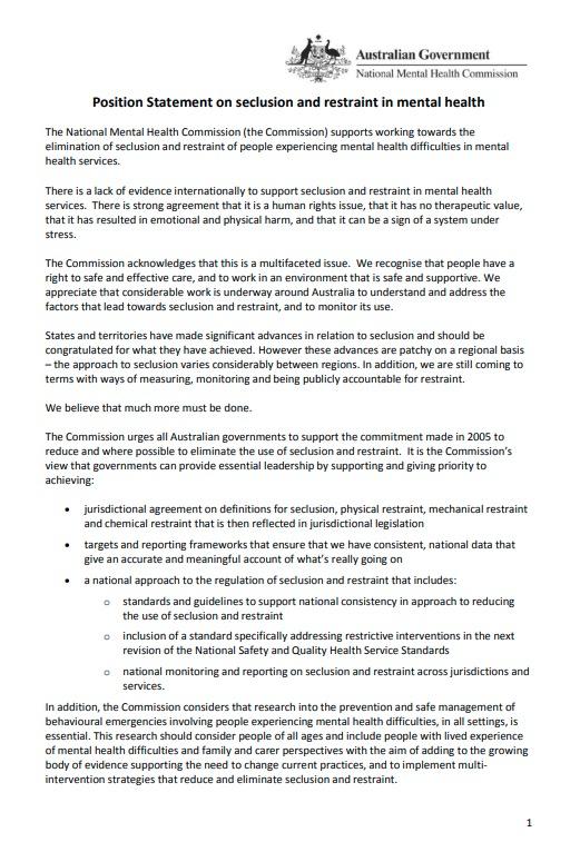 Position Statement on seclusion and restraint in mental health