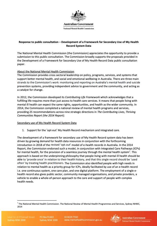 Response to public consultation - Development of a Framework for Secondary Use of My Health Record System Data