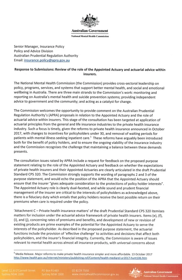 Response to Submissions: Review of the role of the Appointed Actuary and actuarlal advice within insurers.
