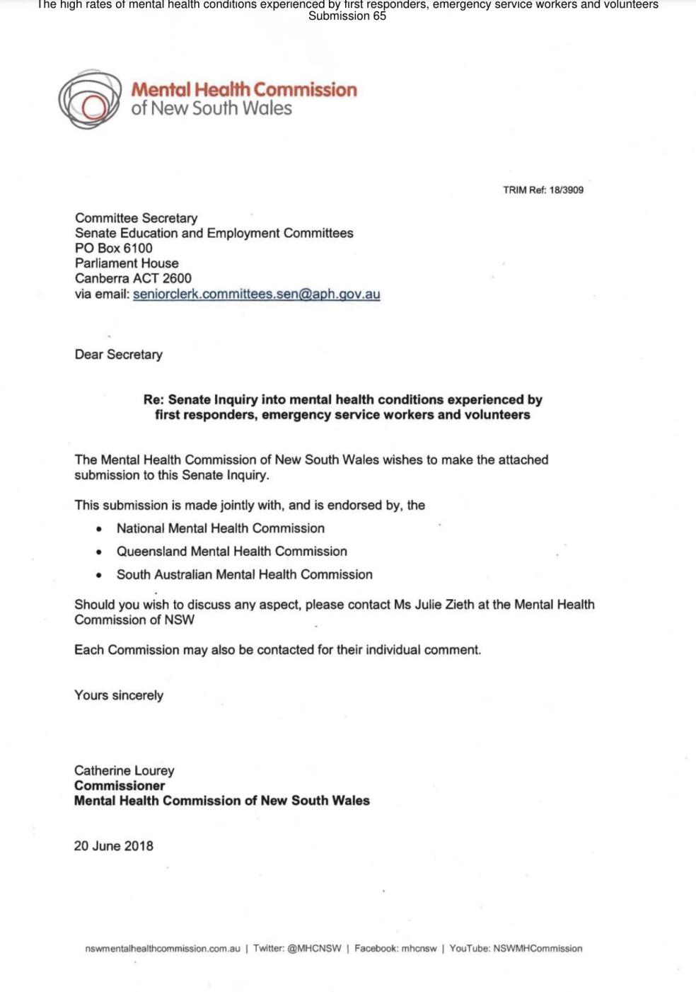 Re: Senate Inquiry into mental health conditions experienced by first responders, emergency service workers and volunteers