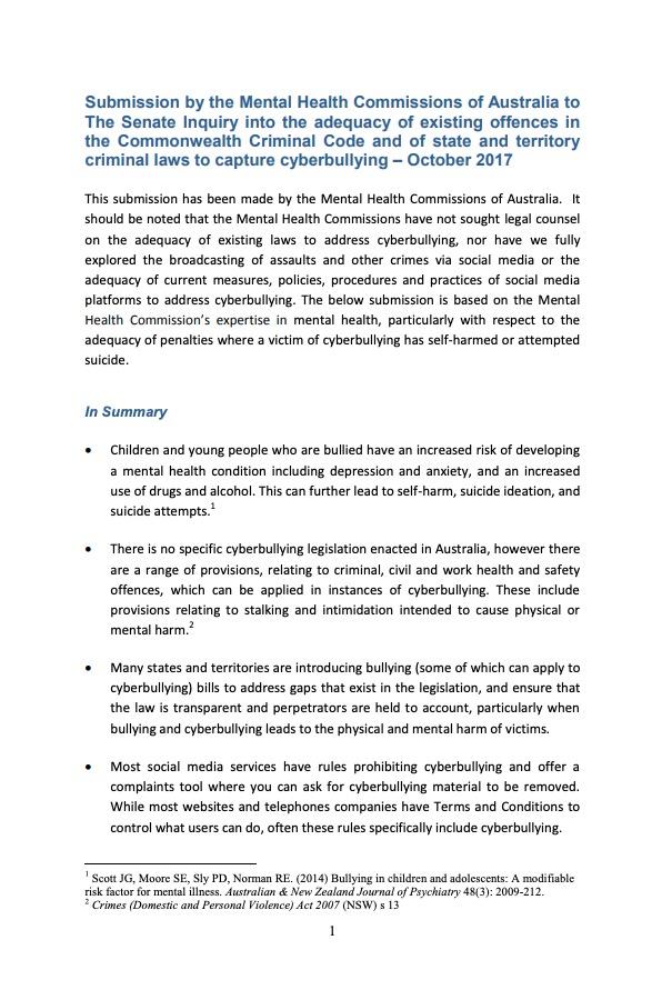 Submission by the Mental Health Commissions of Australia to The Senate Inquiry into the adequacy of existing offences in the Commonwealth Criminal Code and of state and territory criminal laws to capture cyberbullying - October 2017