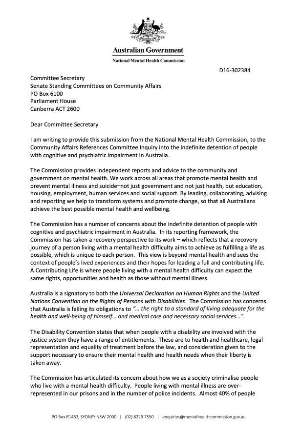 Submission to Senate Inquiry into indefinite detention of people with cognitive and psychiatric impairment in Australia April 2016