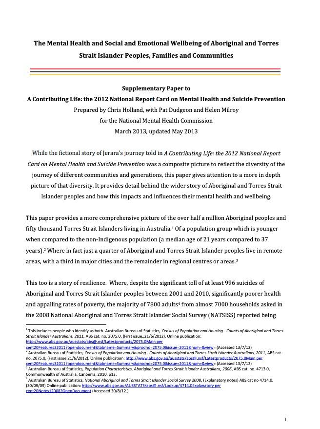 Supplementary Paper to A Contributing Life: the 2012 National Report Card on Mental Health and Suicide Prevention
