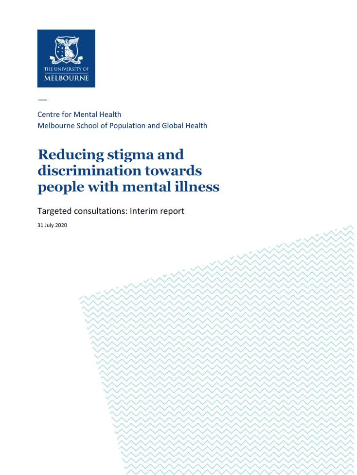 First page of report with title, University of Melbourne coat of arms, and blue zig zag pattern graphic in bottom right corner