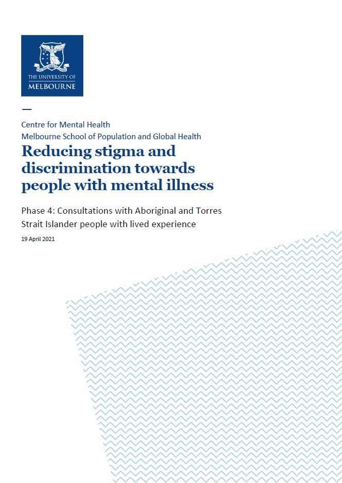 First page of report with title, University of Melbourne coat of arms, and blue zig zag pattern graphic in bottom right corner