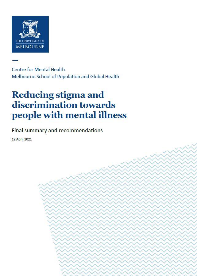 First page of report with title, University of Melbourne coat of arms, and blue zig zag pattern graphic in bottom right corner