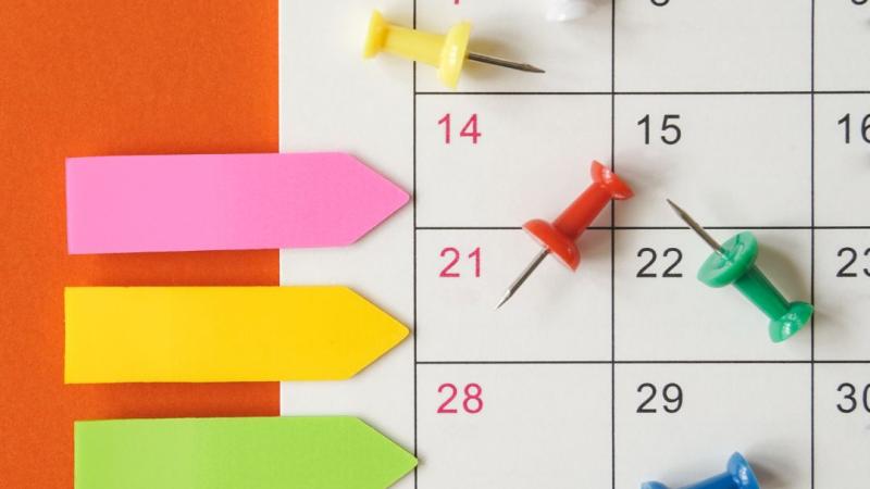 Image of calendar with thumb tacks and sticky labels