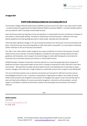 ACMHN Toolkit addressing workplace fear and increasing safety for all 
