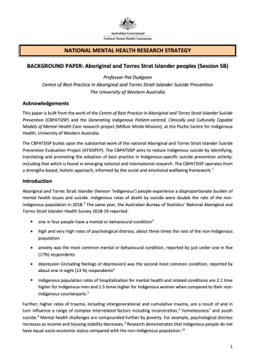 National Mental Health Commisson  NATIONAL MENTAL HEALTH RESEARCH STRATEGY  BACKGROUND PAPER: Aboriginal and Torres Strat Islander peoples (Session 5B)