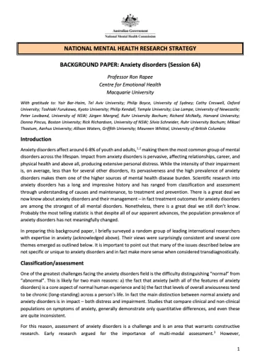 NATIONAL MENTAL HEALTH RESEARCH STRATEGY  BACKGROUND PAPER: Anxiety disorders (Session 6A)