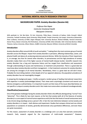 NATIONAL MENTAL HEALTH RESEARCH STRATEGY  BACKGROUND PAPER: Anxiety disorders (Session 6A)