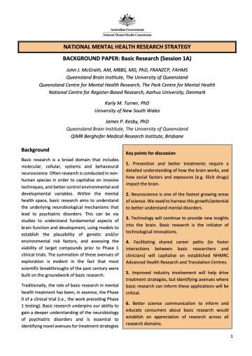 NATIONAL MENTAL HEALTH RESEARCH STRATEGY, BACKGROUND PAPER: Basic Research (Session 1A)