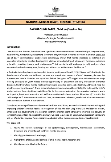 NATIONAL MENTAL HEALTH RESEARCH STRATEGY, BACKGROUND PAPER: Children (Session 5A)