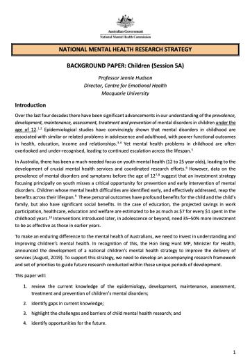 NATIONAL MENTAL HEALTH RESEARCH STRATEGY, BACKGROUND PAPER: Children (Session 5A)