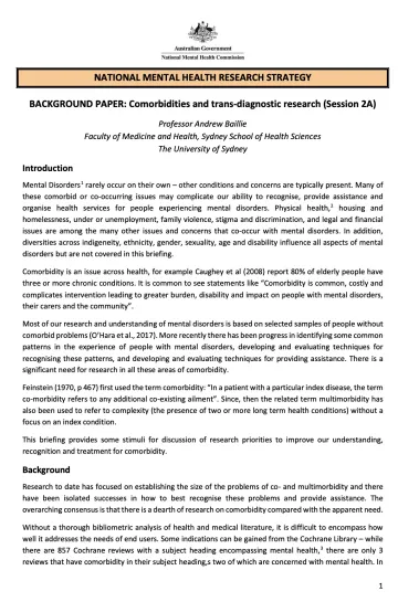 NATIONAL MENTAL HEALTH RESEARCH STRATEGY, BACKGROUND PAPER: Comorbidities and trans-diagnostic research (Session 2A)