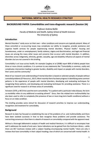 NATIONAL MENTAL HEALTH RESEARCH STRATEGY, BACKGROUND PAPER: Comorbidities and trans-diagnostic research (Session 2A)