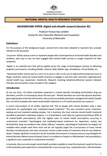 NATIONAL MENTAL HEALTH RESEARCH STRATEGY, BACKGROUND PAPER: Digital and eHealth research (Session 3C)