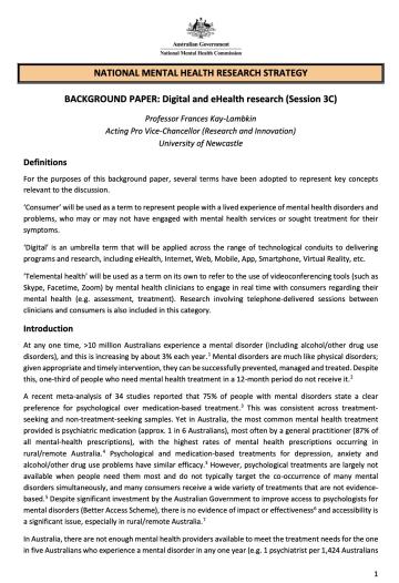 NATIONAL MENTAL HEALTH RESEARCH STRATEGY, BACKGROUND PAPER: Digital and eHealth research (Session 3C)