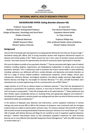 NATIONAL MENTAL HEALTH RESEARCH STRATEGY, BACKGROUND PAPER: Eating disorders (Session 4A)