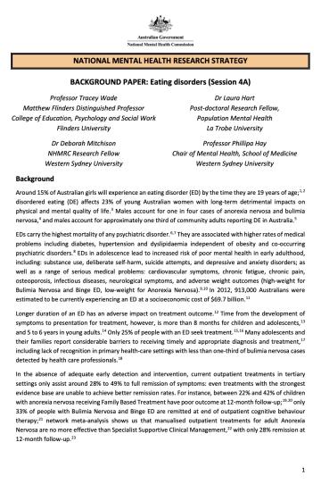 NATIONAL MENTAL HEALTH RESEARCH STRATEGY, BACKGROUND PAPER: Eating disorders (Session 4A)