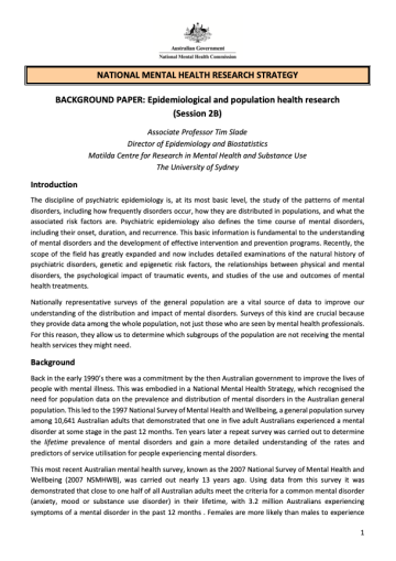 NATIONAL MENTAL HEALTH RESEARCH STRATEGY  BACKGROUND PAPER: Epidemiological and population health research (Session 2B)