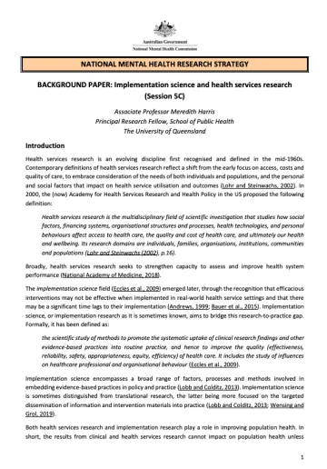 NATIONAL MENTAL HEALTH RESEARCH STRATEGY  BACKGROUND PAPER: Implementation science and health services research (Session 5C)