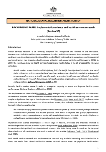 NATIONAL MENTAL HEALTH RESEARCH STRATEGY  BACKGROUND PAPER: Implementation science and health services research (Session 5C)