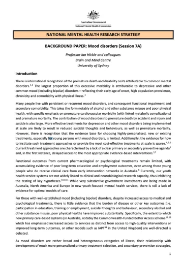 NATIONAL MENTAL HEALTH RESEARCH STRATEGY  BACKGROUND PAPER: Mood disorders (Session 7A)