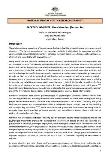 NATIONAL MENTAL HEALTH RESEARCH STRATEGY  BACKGROUND PAPER: Mood disorders (Session 7A)