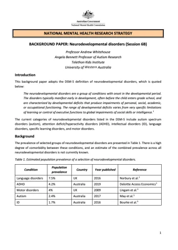 NATIONAL MENTAL HEALTH RESEARCH STRATEGY  BACKGROUND PAPER: Neurodevelopmental disorders (Session 6B)